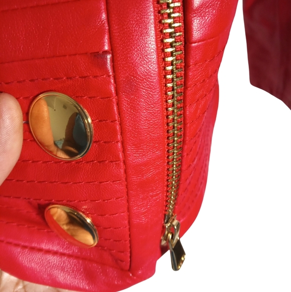 Carlisle Red Genuine Leather Jacket Gold Button Zip Front Classic Blazer Sz 8 - Picture 4 of 6